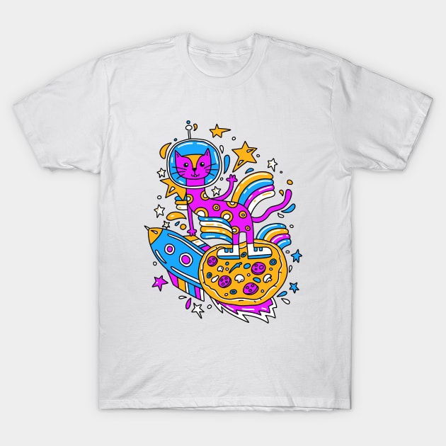 Cosmic cat on pizza moon T-Shirt by hyperactive